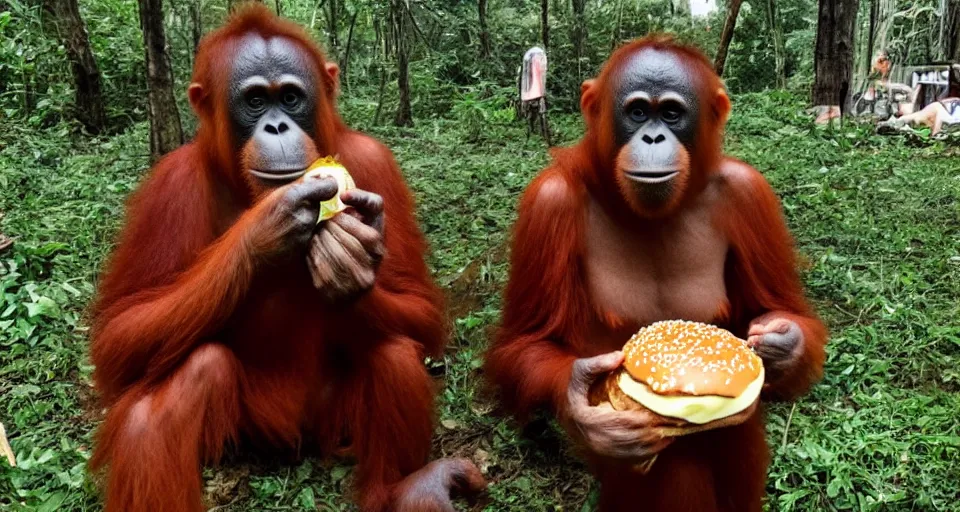 Image similar to an orangutan holding a burger in one hand and a drink in the other