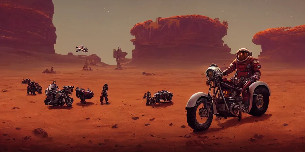 Image similar to american astronaut driving a motorcycle in mars, tribe members chasing, action scene, an epic fantasy, dramatic lighting, cinematic, establishing shot, extremely high detail, photorealistic, cinematic lighting, artstation, by simon stalenhag, horizon forbidden west