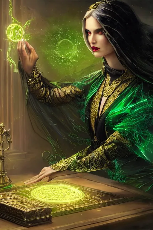 Image similar to a sorceress wearing a black robe with gold embroidery, sitting at table, casting a spell, green glows, painted by artgerm and tom bagshaw, in the style of magic the gathering, highly detailed digital art
