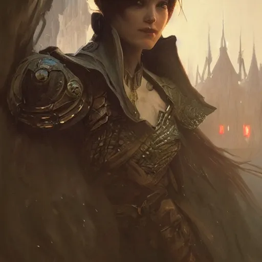 Image similar to closeup portrait of a dungeons and dragons character, dramatic lighting, castle background, gorgeous view, realistic, high detail, depth of field, atmospheric, digital art, painted by greg rutkowski, painted by jeremy mann, painted by alphonse mucha, trending on artstation