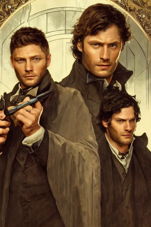 Image similar to a detailed matte portrait of jensen ackles and jared padalecki as sherlock holmes and watson, masterpiece, 8 k, art by alphonse mucha and greg rutkowski