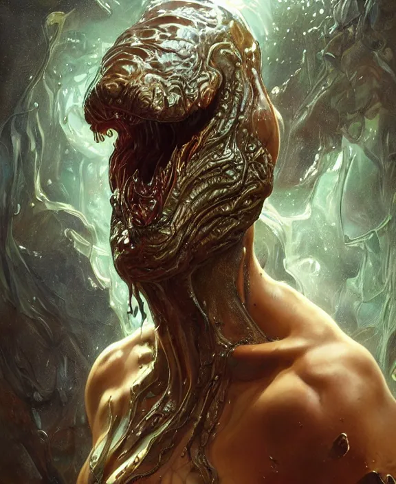 Image similar to portrait of a shining slime dripping predatory insect alien monster, slime, muscles, rippling slime, milky way environment, ultra realistic, concept art, intricate details, eerie, highly detailed, photorealistic, octane render, 8 k, unreal engine. art by artgerm and greg rutkowski and alphonse mucha