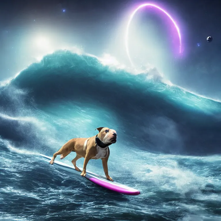 Prompt: photo of a female pit bull with a gray coat and white paws, surfing on a surfboard in a crashing wave of alien ocean in space, background is an alien galaxy, aliens in the background, alien colors, octane render, unreal engine, wide view, 8 k, high detaild