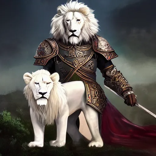 Image similar to an image of Godfrey the first Elden Lord posing with a white lion after the battle, photorealistic, trending on Artstation, digital art