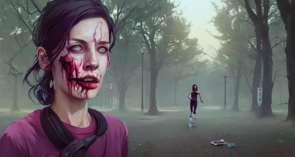 Image similar to highly detailed portrait female jogger horrible zombie in gta v, in a city park, stephen bliss, unreal engine, fantasy art by greg rutkowski, loish, rhads, ferdinand knab, makoto shinkai and lois van baarle, ilya kuvshinov, rossdraws, tom bagshaw, global illumination, detailed and intricate environment