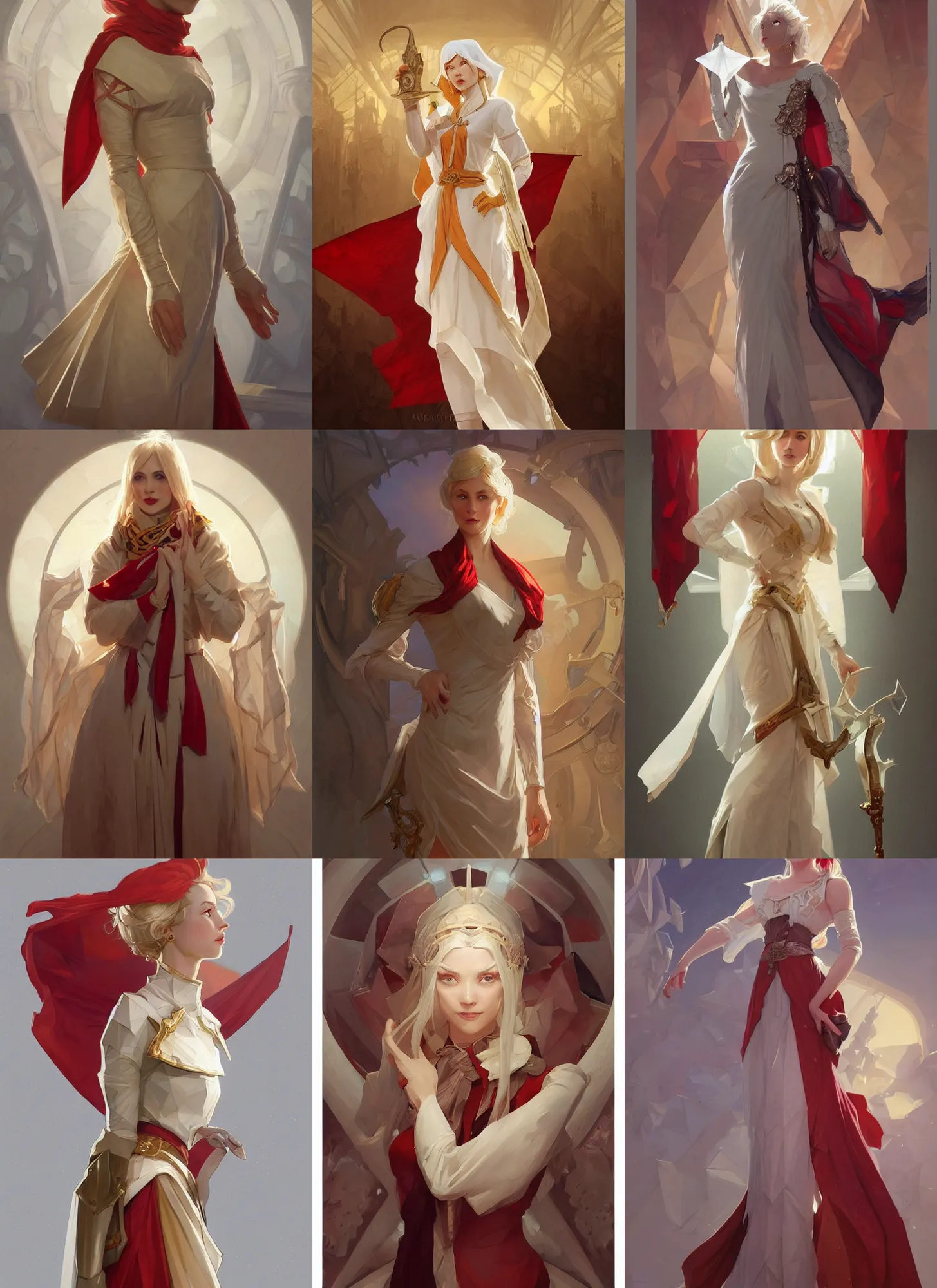 Prompt: museum curator, white polygonal dress, light gold hair, red scarf, triangles, D&D, fantasy, highly detailed, decorous, digital painting, artstation, concept art, sharp focus, illustration, art by artgerm and jordan grimmer and greg rutkowski and alphonse mucha