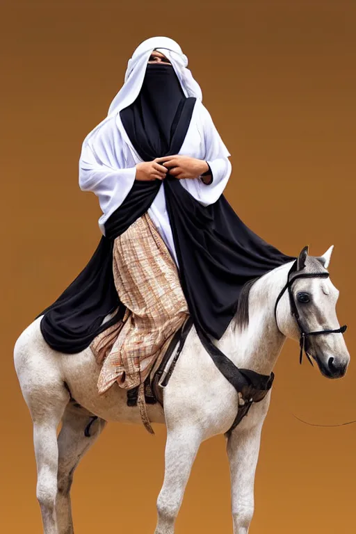 Prompt: hyperrealistic portrait from middle eastern burqa woman riding horse, with riffle in her chest, super highly detail, accurate boroque, without duplication content, white border frame, medium close up shot, justify content center, symmetrical, incrinate, cinematic, dust, award winning photos, vogue, shadow effect, luminate, sharp focus,