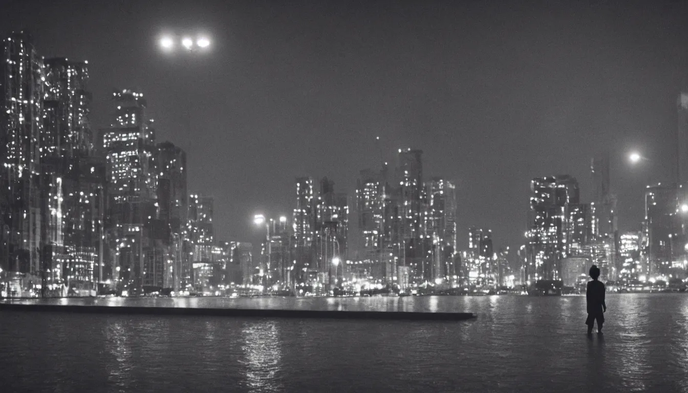 Prompt: 80s asian neon movie still with a lone man levitating over a pier by the river at night with city lights behind his back. Fallen angels movie still. hyperrealistic, photorealistic, high definition, medium format photography, highly detailed, tehnicolor, anamorphic 50mm lens