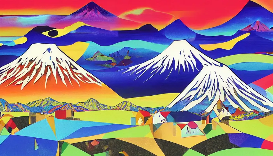 Image similar to award winning graphic design poster, cutouts constructing an contemporary art depicting a lone mount fuji in the distance behind a mountain range isolated on white, rural splendor, and bountiful crafts, local foods, edgy and eccentric abstract cubist realism, composition confined and isolated on white, mixed media painting by Leslie David and Lisa Frank for juxtapose magazine