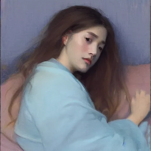 Prompt: girl with long wavy hair, in lightblue kimono, sitting on bed, by jeremy lipking, serge marshennikov, joseph todorovitch