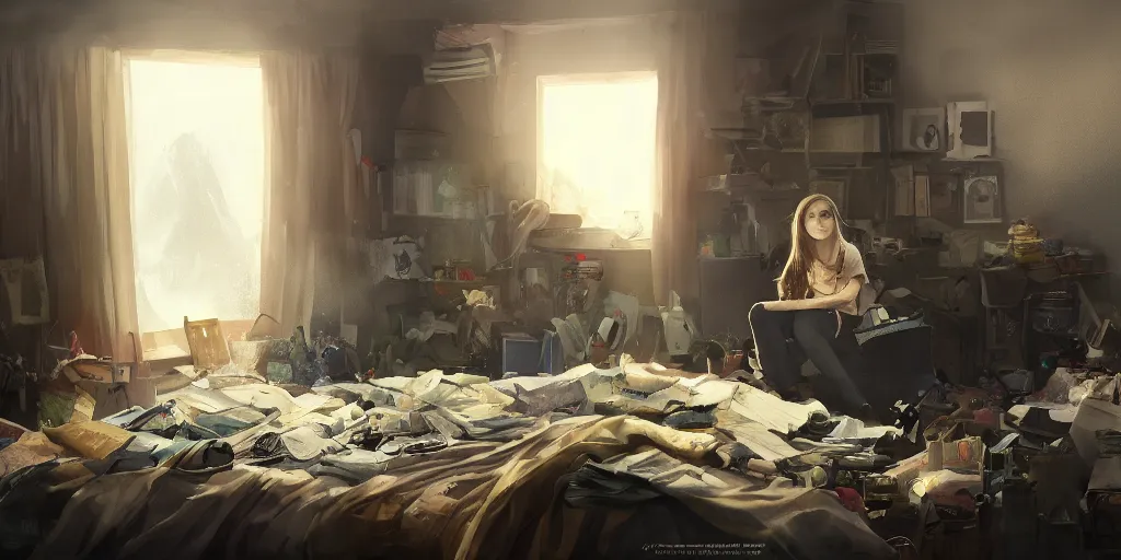 Image similar to an environmental concept art of an angsty female teen in her cluttered bedroom, highly detailed, cinematic, dramatic lighting, directional lighting, close shot by francis tneh