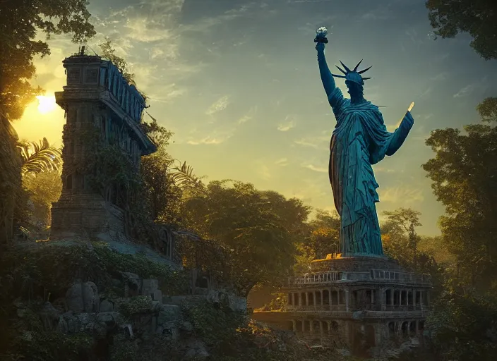 Image similar to highly detailed digital matte painting of a beautiful abandoned, overgrown, damaged Lady Liberty statue by Raphael LaCoste and Ruan Jia and Robert McCall, postcyberpunk, hyperdetailed, sunrise, wide shot, autochrome, octane render