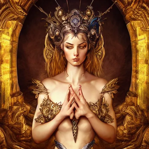 Image similar to digital painting of goddess of illusion by filipe pagliuso and justin gerard, symmetric, fantasy, highly, detailed, realistic, intricate