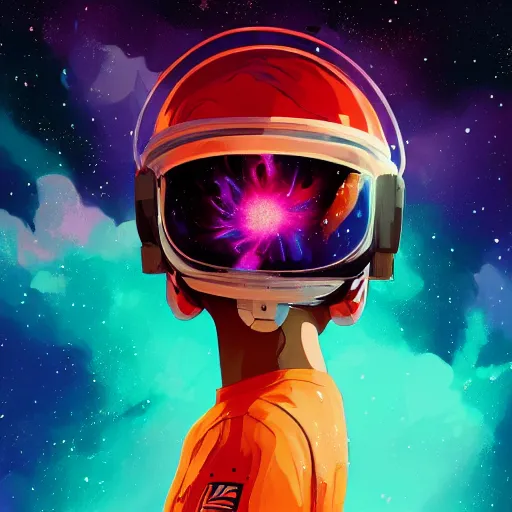 Image similar to fearless bipoc astronaut woman floating in orbit around a colorful exploding nebula, reflections of space beauty in her helmet visor, ambient lighting, 4 k, lois van baarle, ilya kuvshinov, rossdraws, jung gi kim, artstation