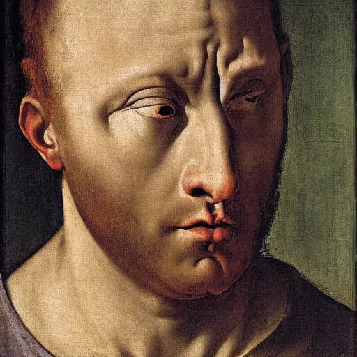 Prompt: Mannerism painting portrait of a scared man. Sadness, fear, and anxiety, by Agnolo Bronzino