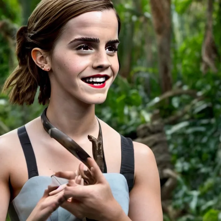 Image similar to Joyful!! smiling Emma Watson wearing cyborg prosthetic, from The emperor's new groove (2000). Clear Hands. Clear body. Light Clothes. Jungle as Background. Cinematic. Professional Photo. Low angle. 8k. Clear Face.