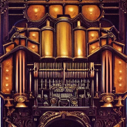 Image similar to tech noir pipe organ lp album art, intricate detail, mechanical, baroque oil painting by alan lee and jim burns, wild west architecture