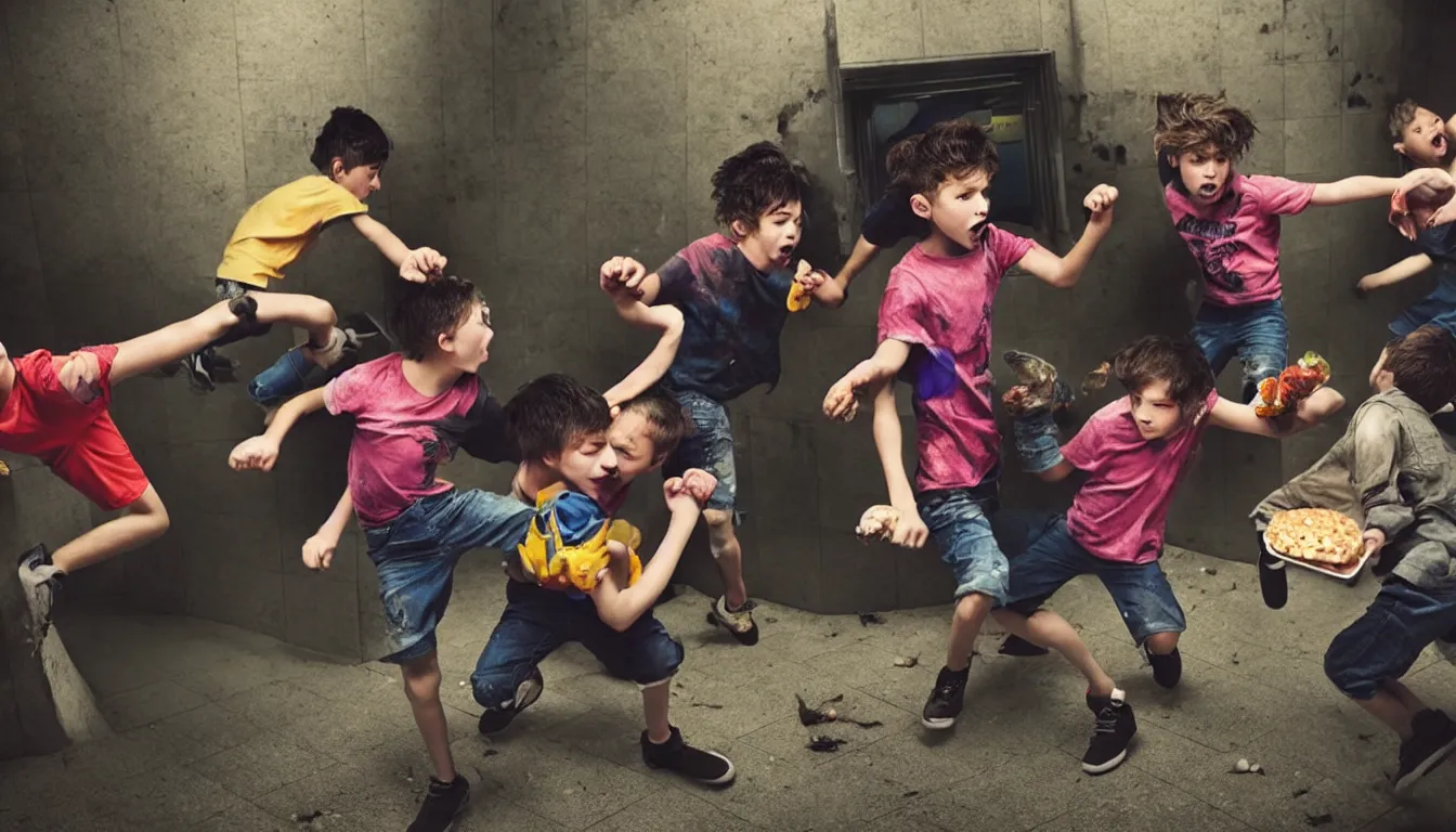 Image similar to kids fighting in a squalid subway over half eaten fast food, hyper realistic photo, full colour, upscale, 8 k