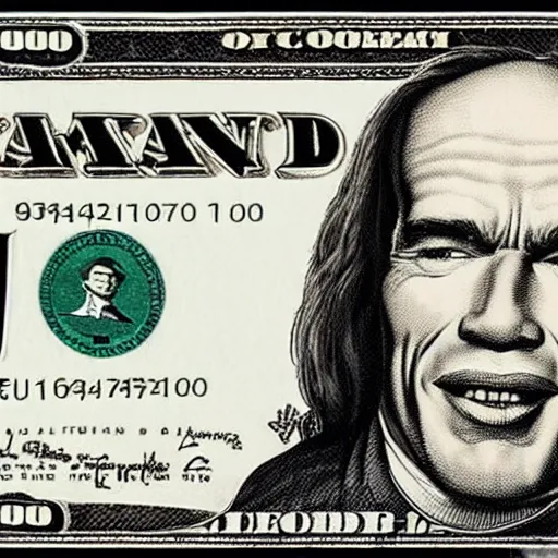 Prompt: $100 bill featuring a portrait of Arnold Schwarzenegger with a cigar in his mouth,