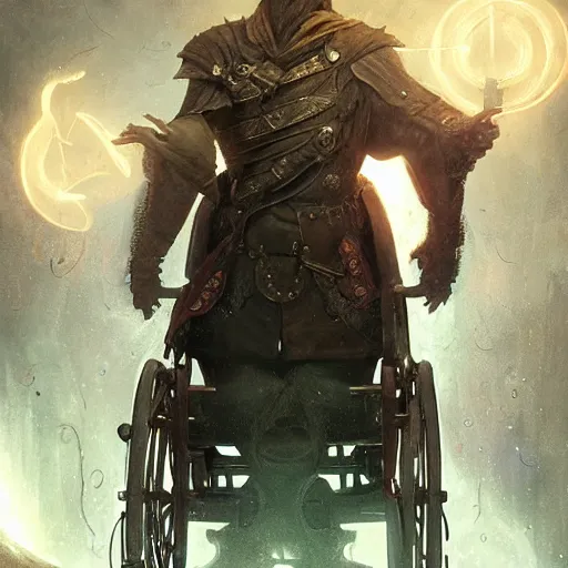 Prompt: handsome portrait of a wheelchair guy fitness posing, radiant light, caustics, heroic, smooth, one legged amputee, bloodborne gehrnan costume, bright iridescent light, by gaston bussiere, bayard wu, greg rutkowski, giger, maxim verehin