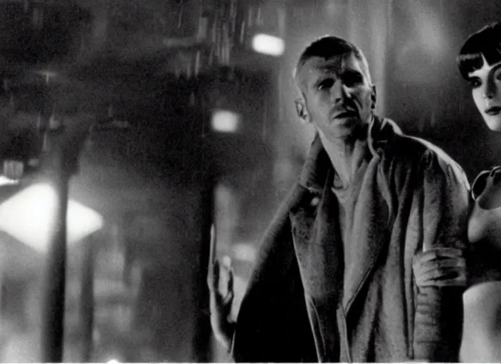 Prompt: scene with Deckard and Rachel from the 1982 science fiction film Blade Runner