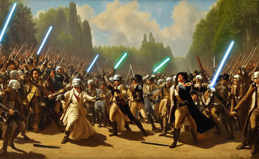 Prompt: liberty leading the people, french revolution, jedi, lightsaber, ewoks, endor forest, oil on canvas