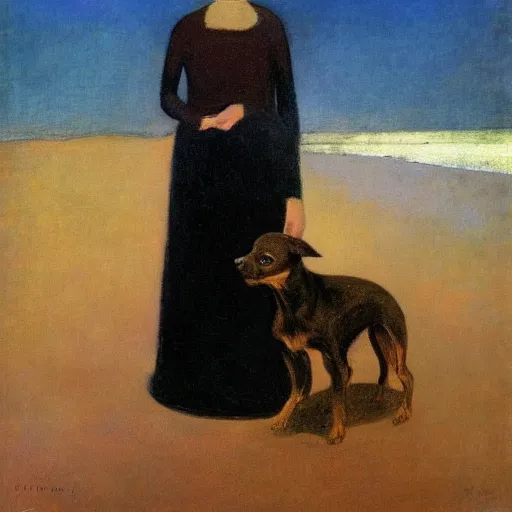 Image similar to a woman and her black and brown chihuahua by the sea by odilon redon