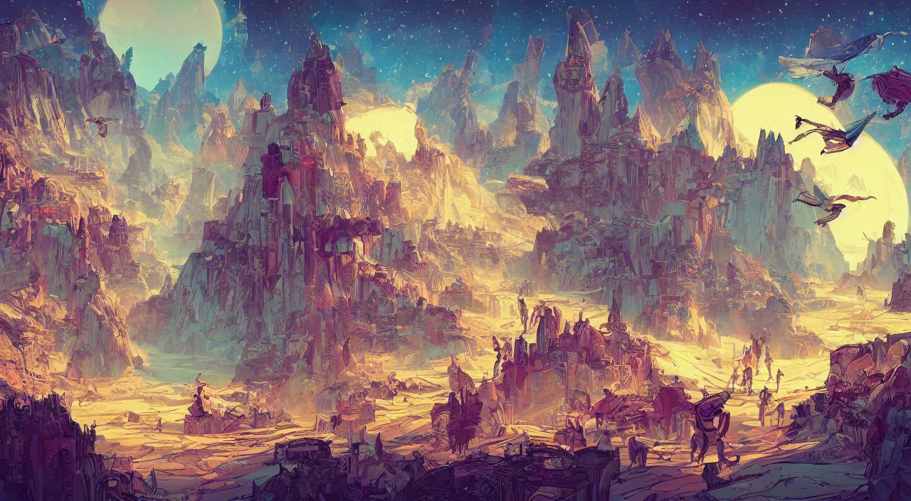 Image similar to vector wonderland bazaar zouk old egypt sky shine epic fantasy painting photoshop that looks like it is from borderlands and by feng zhu and loish and laurie greasley, victo ngai, andreas rocha, john harris