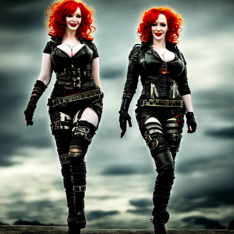 Prompt: full length photo of christina hendricks as atompunk warrior, 8 k, hdr, smooth, sharp focus, high resolution, award - winning photo