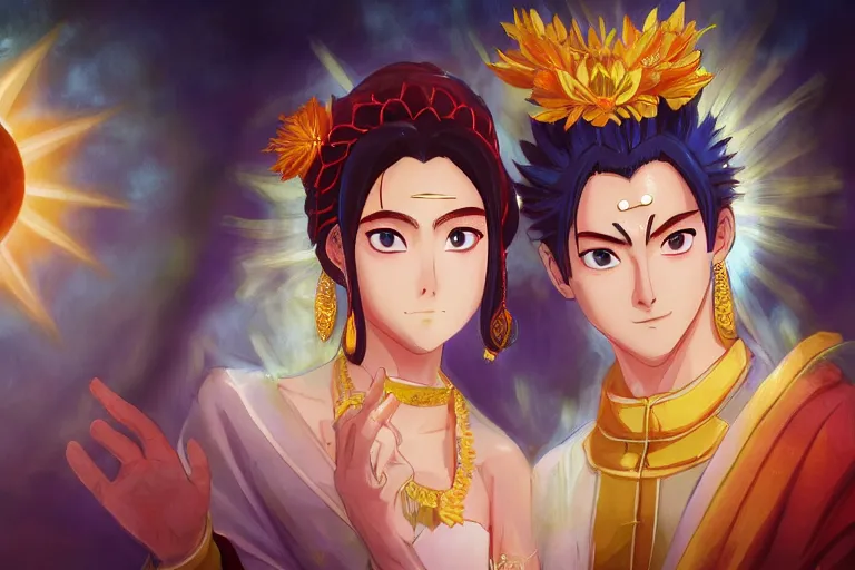 Image similar to a cinematic portrait of wedding photograph jpeg close up moment of a divine a japan sun god and moon goddess lovers magician at a wedding banquet. portraiture. digital painting. artstation. concept art. wedding photo. digital painting. naruto the movie art masterpiece by art by krenz cushart