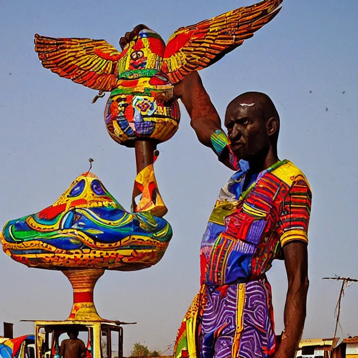 Image similar to UFO hovering over an African Jesus , colourful, in the style of Nigerian truck art (Eagle & Snake, Kano),