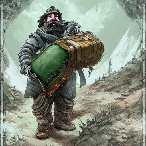 Image similar to a bearded and long haired bicycle food delivery worker with a green bag on his back in ireland, he has boots, hearthstone art style, epic fantasy style art by kim jung gi, fantasy epic digital art