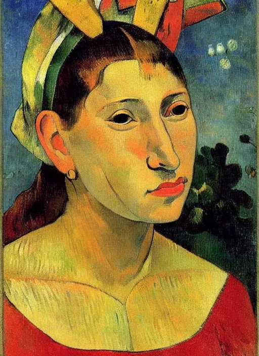 Prompt: portrait of young woman in renaissance dress and renaissance headdress, art by paul gauguin