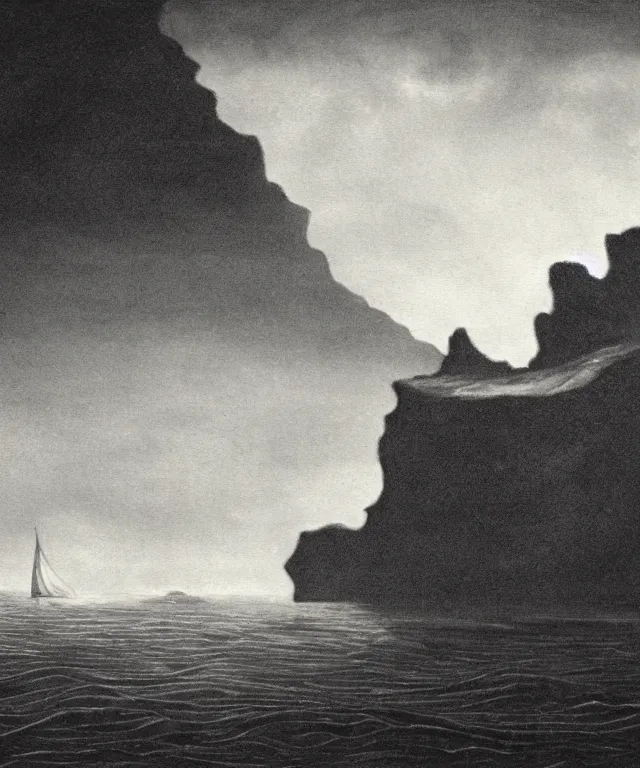 Prompt: photorealistic sepia painting of a 1 9 2 5 bay boat sailing near a jamaican cliff with the mouth of a sea cave at the waterline, dark, brooding, atmospheric, lovecraft, horror