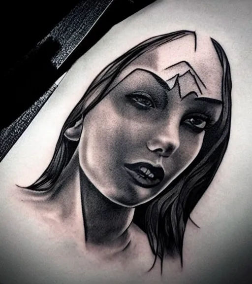 Image similar to amazing blend effect on a beautiful woman face and mighty mountains, tattoo design sketch, hyper - realistic, in the style of matteo pasqualin, amazing detail, black and white