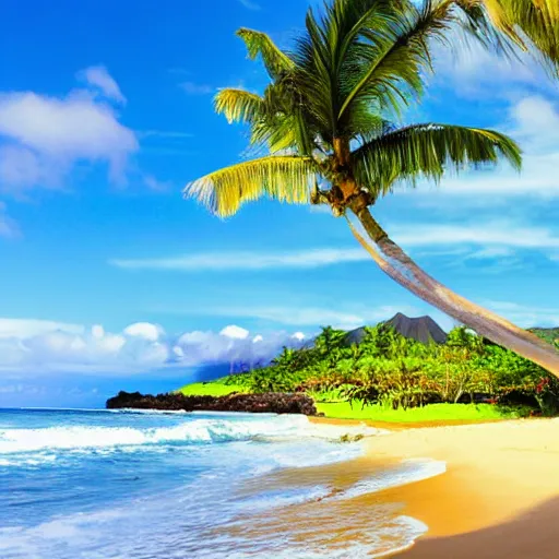 Prompt: a quiet beach in hawaii, pristine, waves, palm trees, sun in the sky, photography