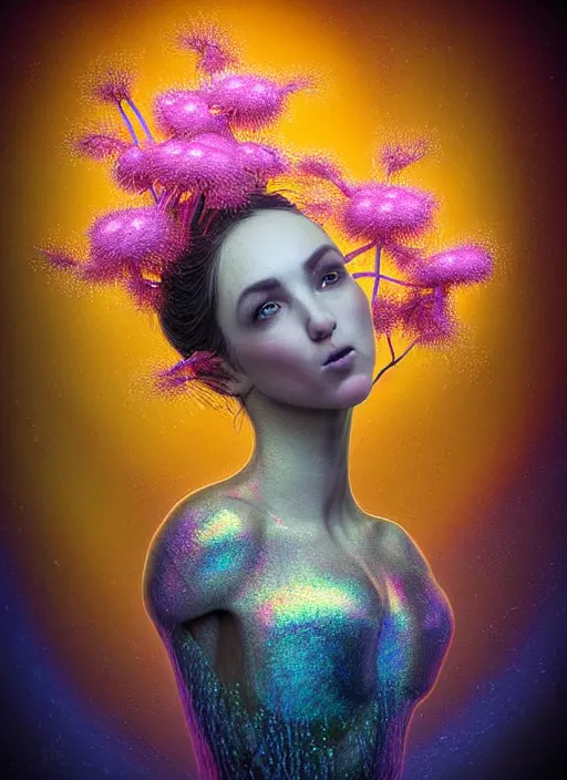 Prompt: hyper detailed 3d render like a chiariscuro Oil painting with depth - Aurora (Singer) looking adorable and seen in attractive dynamic pose joyfully Eating of the fine Strangling network of thin yellowcake aerochrome and milky Fruit and Her delicate Hands hold of gossamer polyp blossoms bring iridescent fungal flowers whose spores black the foolish stars to her smirking mouth by Jacek Yerka, Mariusz Lewandowski, Houdini algorithmic generative render, Abstract brush strokes, Masterpiece, Edward Hopper and James Gilleard, Zdzislaw Beksinski, Mark Ryden, Wolfgang Lettl, hints of Yayoi Kasuma, octane render, 8k