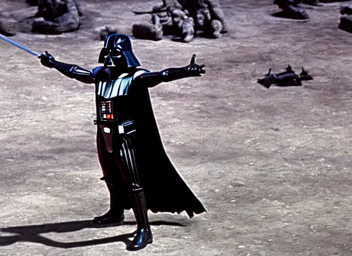 Image similar to film still of Darth Vader as Maximus in the arena with his arms up in Gladiator 2000, 4k