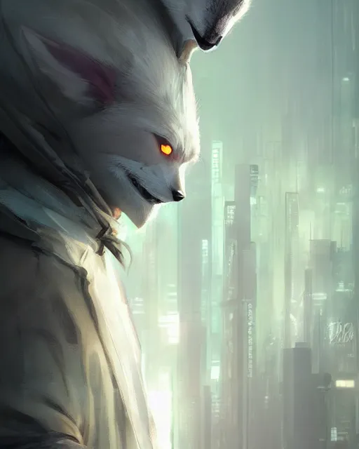 Image similar to a beautiful portrait of a handsome male anthropomorph white wolf wearing a hoodie in cyberpunk city. character design by cory loftis, fenghua zhong, ryohei hase, ismail inceoglu and ruan jia. artstation, volumetric light, detailed, photorealistic, rendered in octane