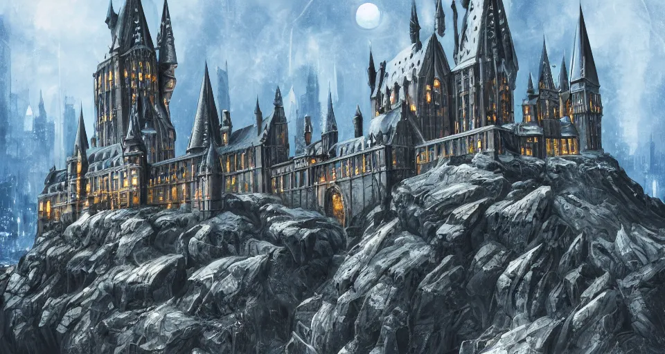 Prompt: a super detailed beautiful painting of hogwarts by shaddy safadi, 8 k, blue hue, warm lighting, cyberpunk trending on artstation