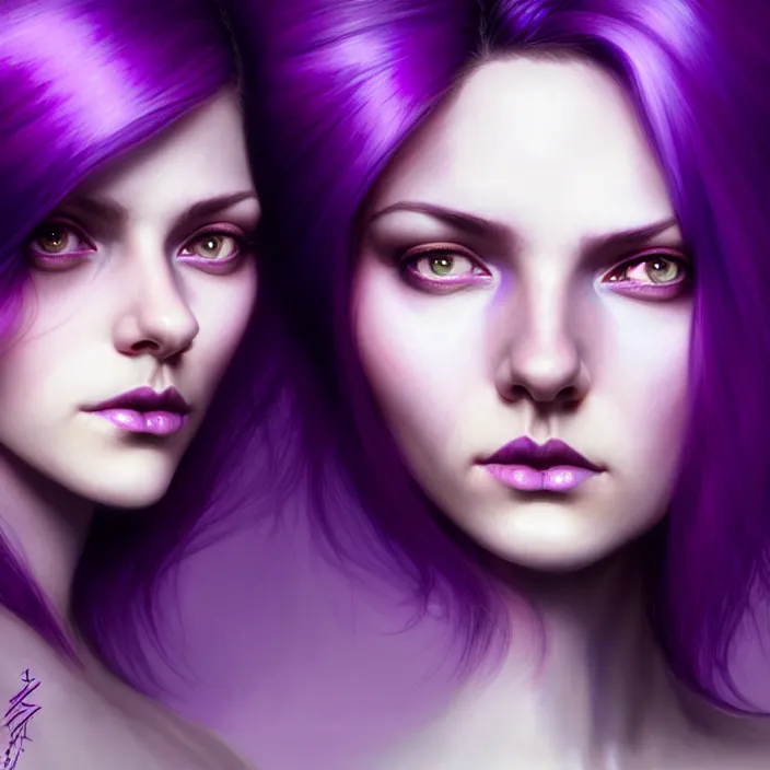 Image similar to Purple hair relistic Portrait of a two woman with bright colored flying hair, all shades of purple. Beauty face, Hair coloring, fantasy, intricate, elegant, highly detailed, digital painting, artstation, concept art, smooth, sharp focus, illustration, art by artgerm and greg rutkowski and alphonse mucha