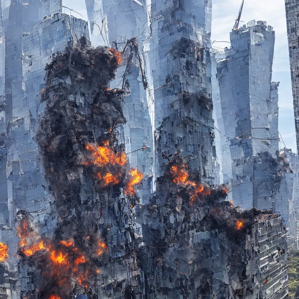 Prompt: torre entel chile being destroyed by protesters, cyberpunk, high detail