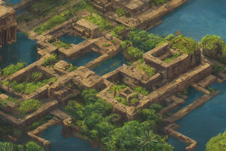 Image similar to ancient city, lake, plants, isometric art, isometric illustration, artstation, highly detailed, post processing, cinematic lighting + masterpiece