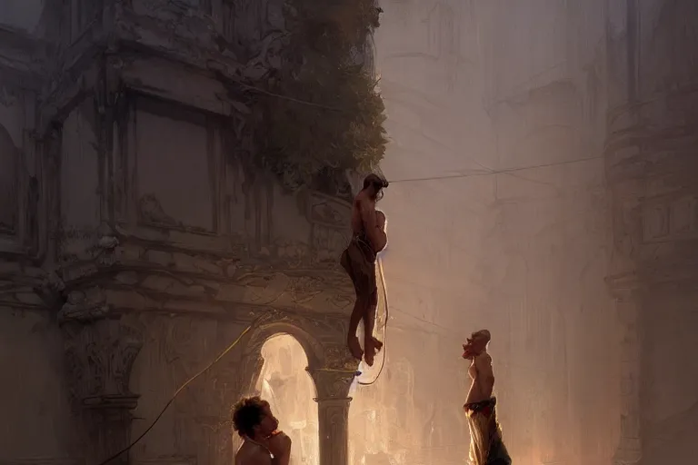 Image similar to a man tied to a pillar and jack russel terrier pissing on him, highly detailed, hyperrealistic digital painting, artstation, concept art, smooth, sharp focus, illustration, cinematic lighting, art by artgerm and greg rutkowski and alphonse mucha