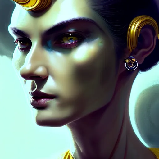 Image similar to woman with extremely large and intricate haircut with angry yellow eyes and slim features looking askance, eye cyberpunk bionics, retro futurist style, intricate, elegant gleaming intricate baroque jewelry, angelic halo, highly detailed, digital painting, artstation, concept art, smooth, sharp focus, illustration, art by wlop, mars ravelo and greg rutkowski,