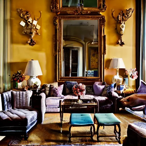 Prompt: a living room filled with furniture and lots of windows, featured on pexels, maximalist, hall of mirrors