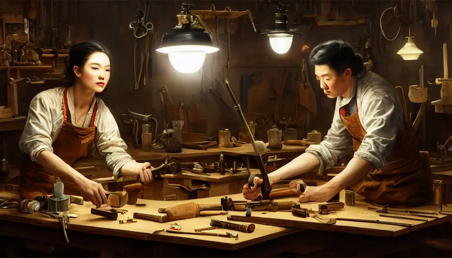 Prompt: highly detailed oil painting | very intricate | cinematic lighting | award - winning | craftsman | building a piece of furniture in their well organized clean workshop | beautiful cinematic light, american romanticism, by huang guangjian, gil elvgren, ruan jia, randy vargas, greg rutkowski, artstation, cgsociety, official art, octane