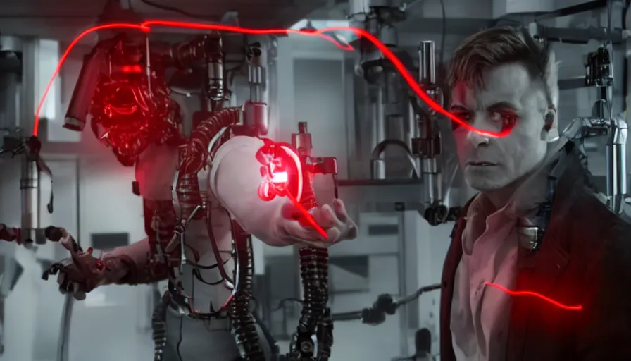 Image similar to big budget action movie about a cyborg demon in a lab, a red alarm is flashing.