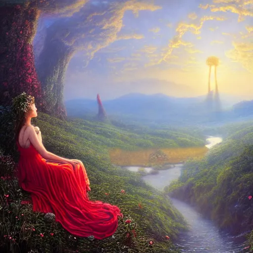 Image similar to an elegant fairy queen in a red lace dress sitting and looking out at a lord of the rings scenery landscape, vast lush valley flowers and giant mushroom structures, river, sunrise, god's rays highly detailed, vivid colour, soft clouds, floral sunset, cinematic lighting, perfect composition, 8 k, gustave dore, derek zabrocki, greg rutkowski, belsinski