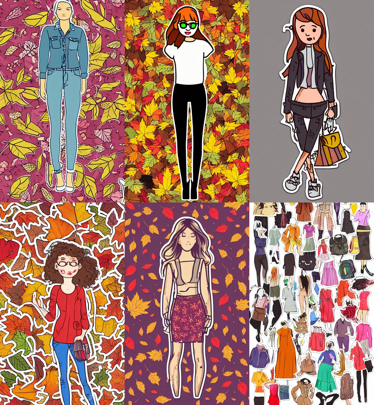 Prompt: detailed and proportionally accurate sticker illustration, women full body, fashion clothing, autumn